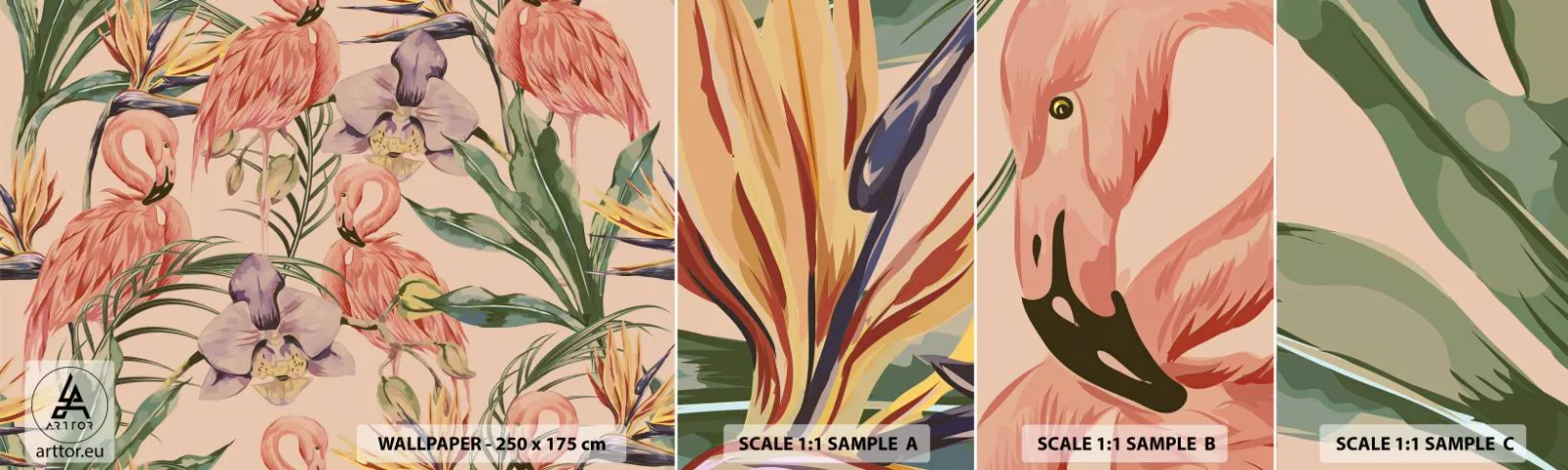 Échantillon de Papier Peint Autocollant Deluxe Sticker - Ballet rose dans les fleurs - Oiseau, Flamant, Jungle - 100x30 cm