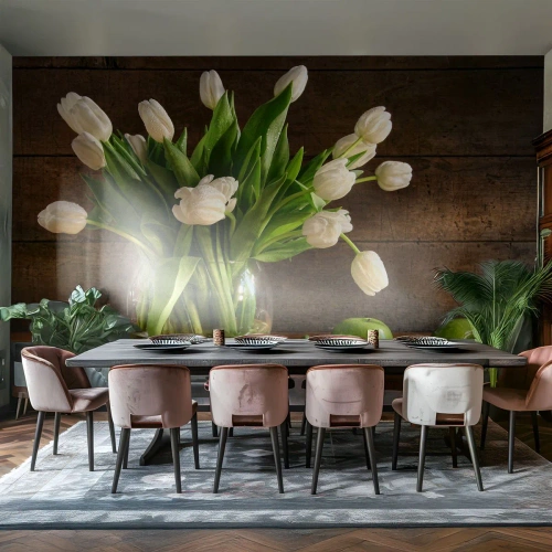 Papier Peint Photo Standard Eco - Juteux et frais en vert et blanc - Fleurs, Tulipes, Bouquet de fleurs - 250x175 cm