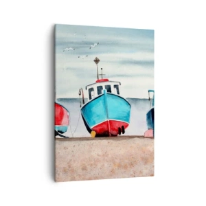 Impression sur toile - Image sur toile - Bateaux de pêche colorés sur le rivage dans un paysage marin - 50x70cm - Prêt pour la pêche - Décoration murale moderne pour le salon et la chambre ARTTOR