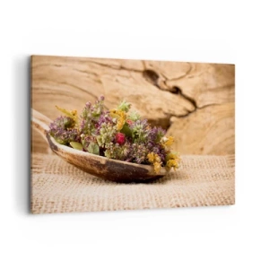 Impression sur toile - Image sur toile - Herbes séchées dans une cuillère en bois sur un fond en bois naturel - 120x80cm - Fleurs colorées et herbes parfumées - Décoration murale moderne pour le salon et la chambre ARTTOR