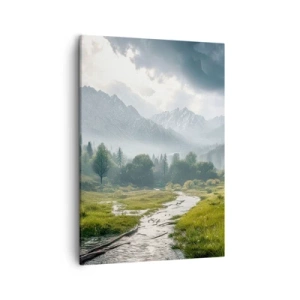 Impression sur toile - Image sur toile - Un paysage de montagne avec une rivière et des arbres entourés de montagnes brumeuses - 50x70cm - Aller et retour - Décoration murale moderne pour le salon et la chambre ARTTOR