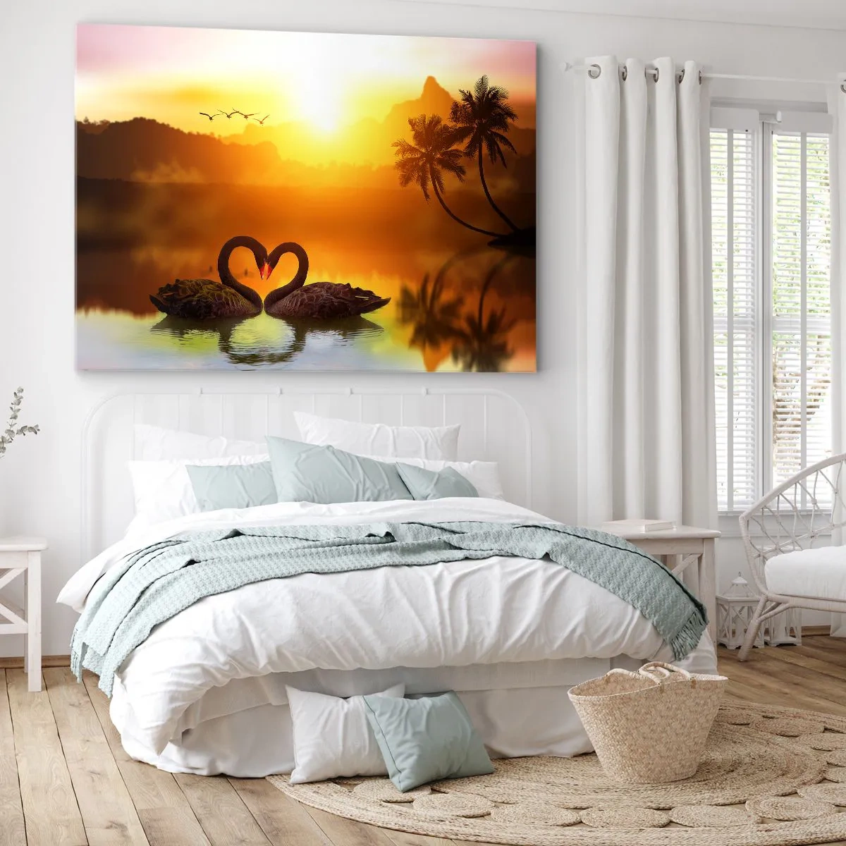 Impression sur toile - Image sur toile - Deux cygnes noirs formant un cœur sur fond de coucher de soleil sur un lac - 120x80cm - Tout va ensemble - Décoration murale moderne pour le salon et la chambre ARTTOR