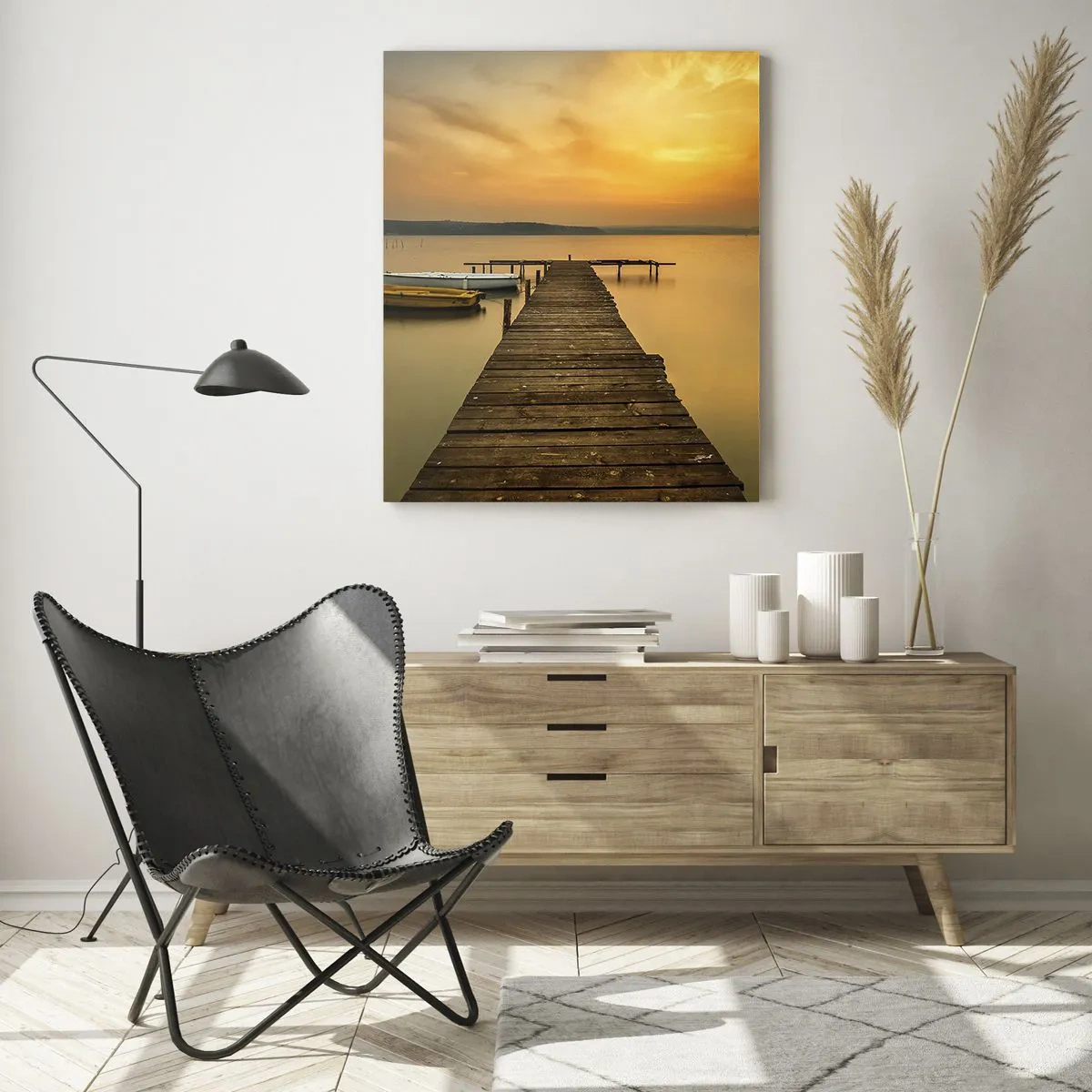 Impression sur verre - Image sur verre - Jetée sur le lac au coucher du soleil avec un bateau - 50x70cm - Je t'ouvrirai le ciel d'or - Décoration murale moderne pour le salon et la chambre ARTTOR