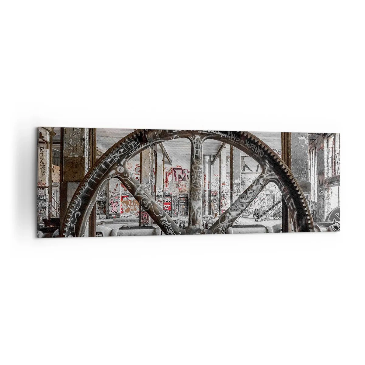 Impression sur toile - Image sur toile - Un vieux mécanisme dans un intérieur industriel abandonné - 160x50cm - Vie secrète d'une usine - Décoration murale moderne pour le salon et la chambre ARTTOR