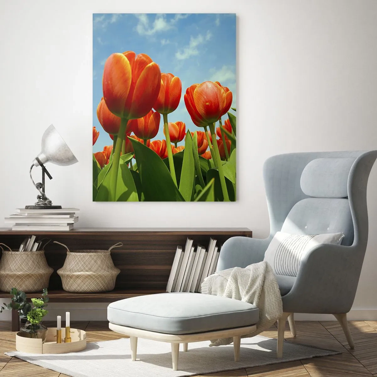 Impression sur verre - Image sur verre - Un champ de tulipes rouges sous un ciel bleu - 50x70cm - A part le ciel bleu, ils n'ont besoin de rien dans leur vie - Décoration murale moderne pour le salon et la chambre ARTTOR
