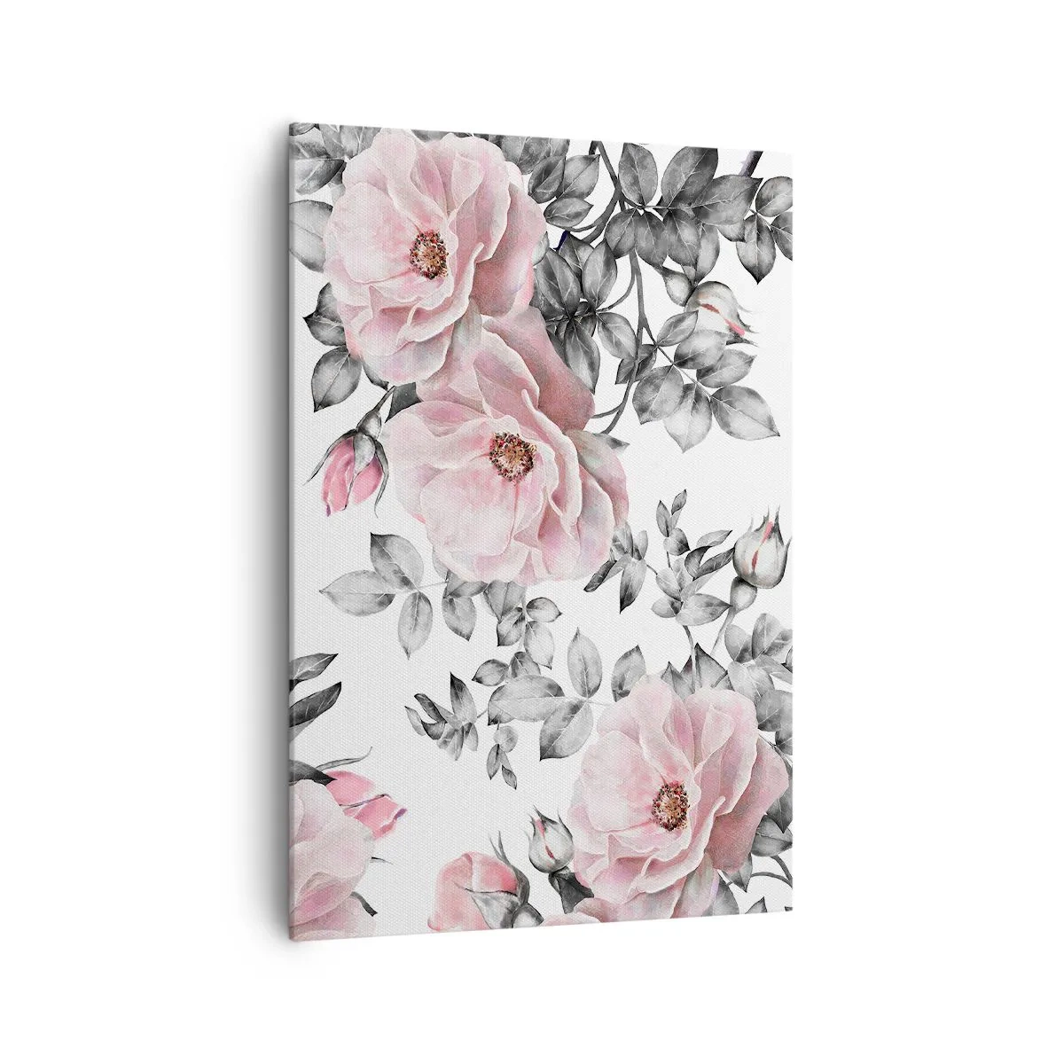 Impression sur toile - Image sur toile - Roses roses et feuilles sur un délicat fond noir et blanc - 70x100cm - Se perdre dans les fleurs des roses - Décoration murale moderne pour le salon et la chambre ARTTOR