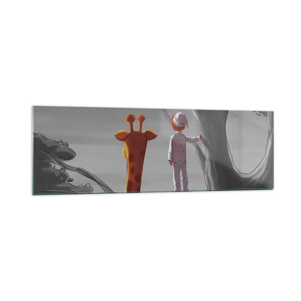 Impression sur verre - Image sur verre - Un enfant et une girafe sur une branche d'arbre dans un paysage de conte de fées - 160x50cm - Cela arrive vraiment - Décoration murale moderne pour le salon et la chambre ARTTOR
