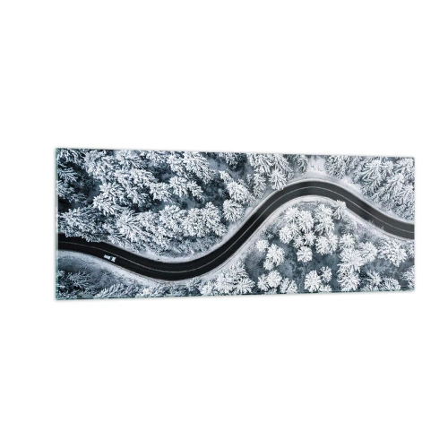 Impression sur verre - Image sur verre - Vue aérienne d'une route sinueuse dans une forêt hivernale - 140x50cm - À travers une forêt d'hiver - Décoration murale moderne pour le salon et la chambre ARTTOR