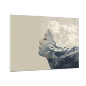 Impression sur verre - Image sur verre - Profil d'une femme avec un paysage de montagnes et de nuages en arrière-plan. - 100x70cm - La beauté des éléments - Décoration murale moderne pour le salon et la chambre ARTTOR