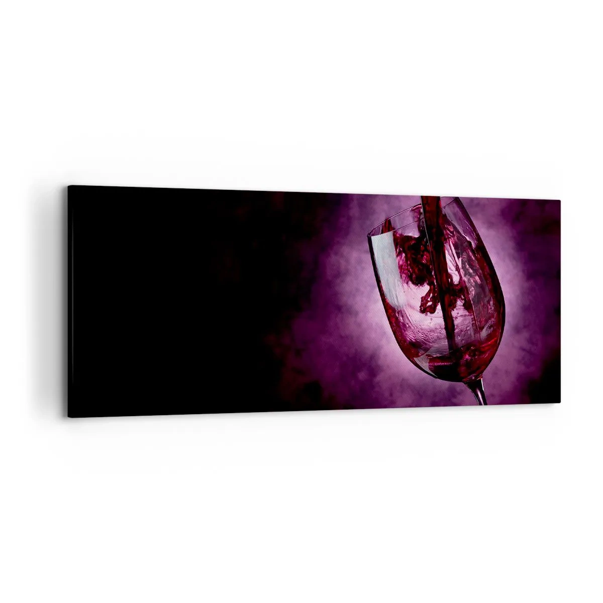Impression sur toile - Image sur toile - Du vin rouge versé dans un verre sur fond de fumée violette - 120x50cm - Écarlate? Carmin? Non, rubis. - Décoration murale moderne pour le salon et la chambre ARTTOR