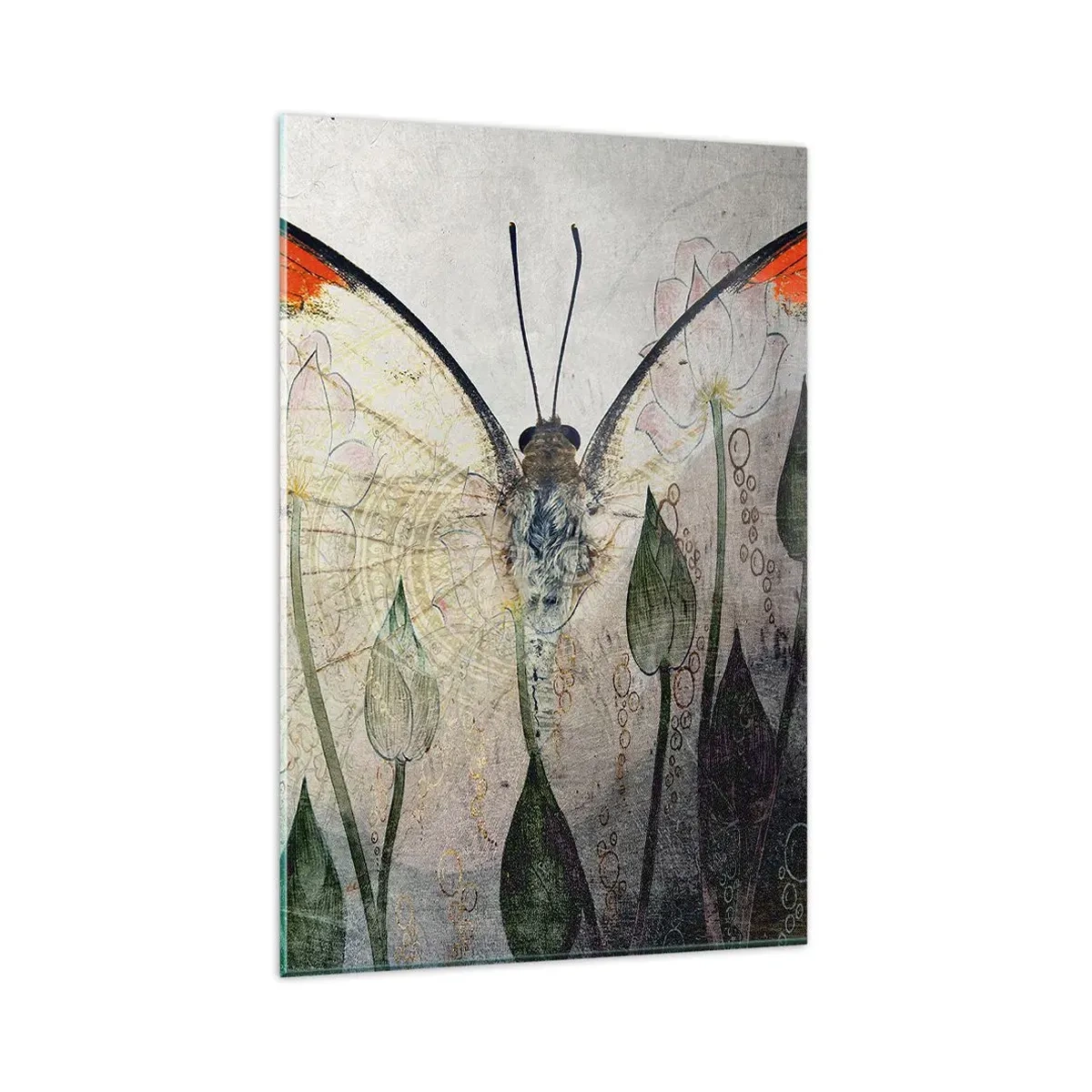 Impression sur verre - Image sur verre - Un papillon aux ailes orange sur un fond de fleurs stylisées. - 80x120cm - "Où est le papillon qui se balance sur l'herbe" - Décoration murale moderne pour le salon et la chambre ARTTOR