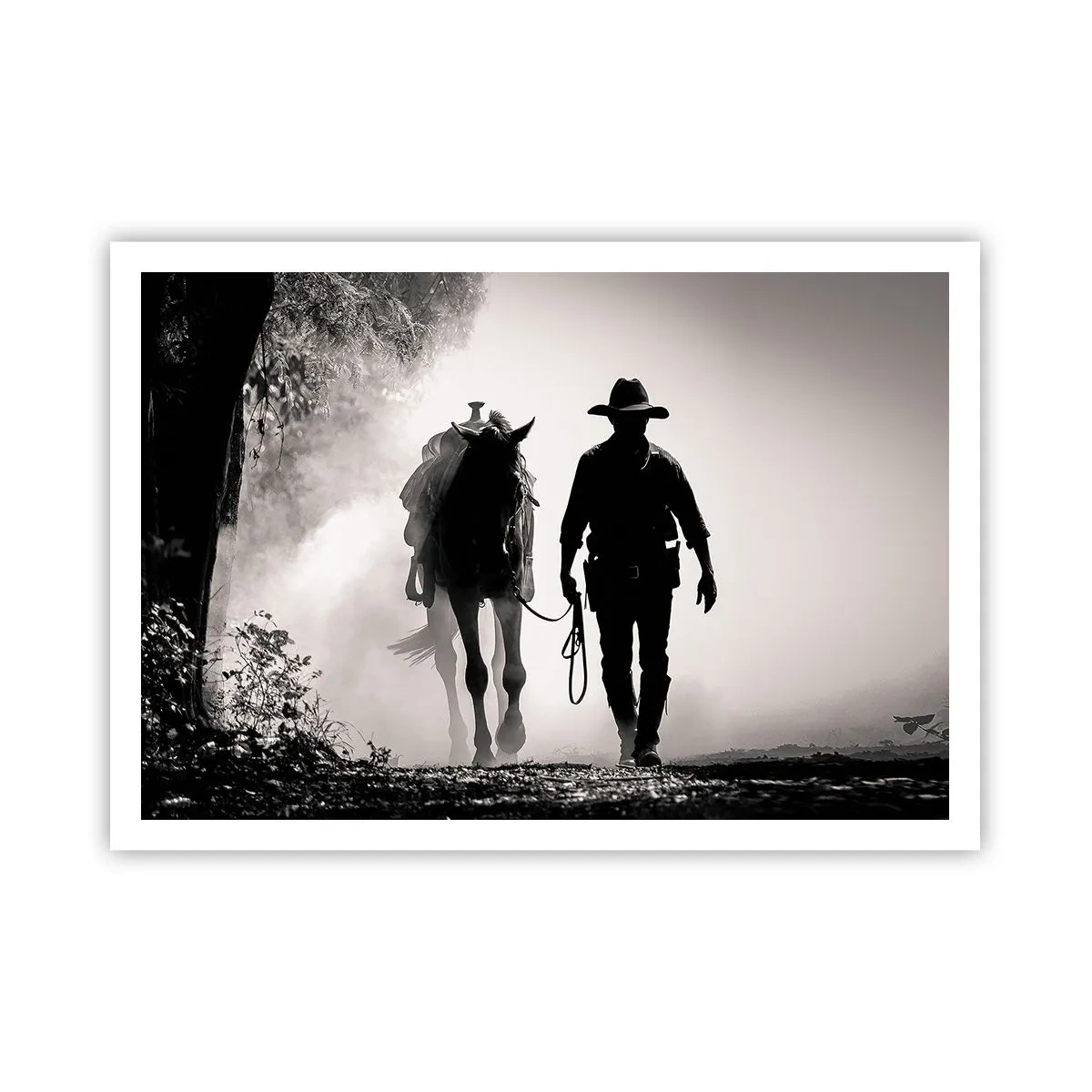 Affiche - Poster - Cowboy avec cheval dans le brouillard matinal - 100x70cm - Matinée texane - Décoration murale moderne pour le salon et la chambre ARTTOR