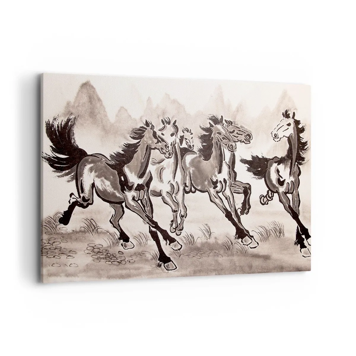 Impression sur toile - Image sur toile - Graphiques dynamiques de chevaux au galop dans un style oriental - 120x80cm - Dans un joyeux galop - Décoration murale moderne pour le salon et la chambre ARTTOR