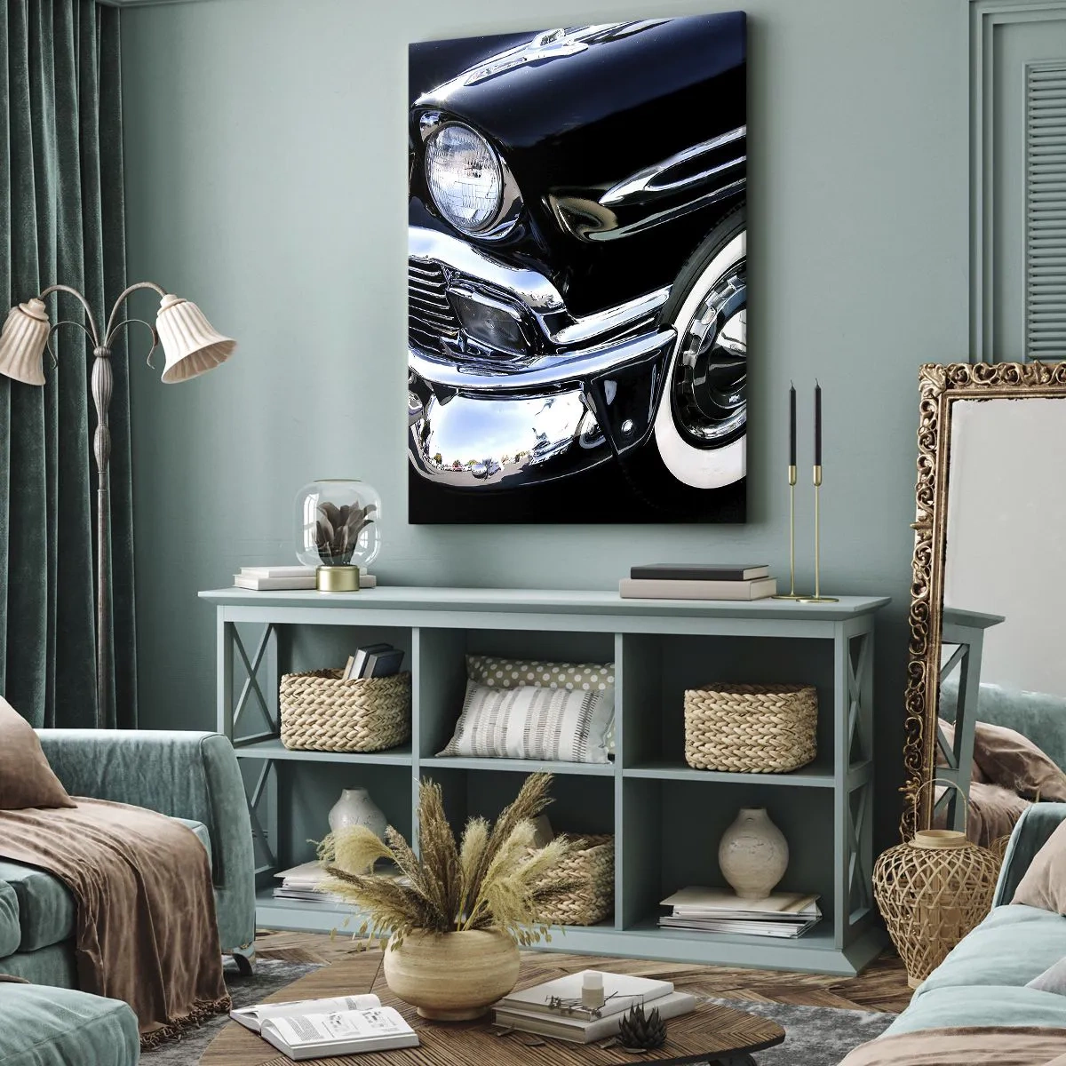 Impression sur toile - Image sur toile - Gros plan du phare et du garde-boue d'une voiture classique noire - 50x70cm - Classique en argent, noir et blanc - Décoration murale moderne pour le salon et la chambre ARTTOR