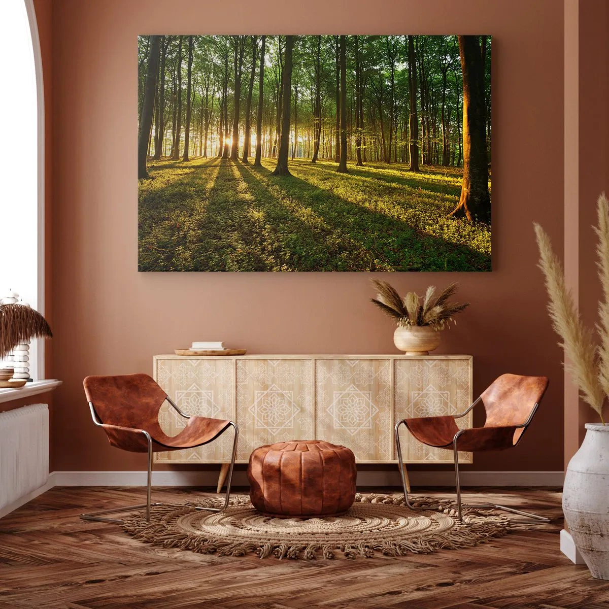 Impression sur toile - Image sur toile - Le soleil couchant dans la forêt de feuillus - 120x80cm - Toutes les photographies de printemps - Décoration murale moderne pour le salon et la chambre ARTTOR