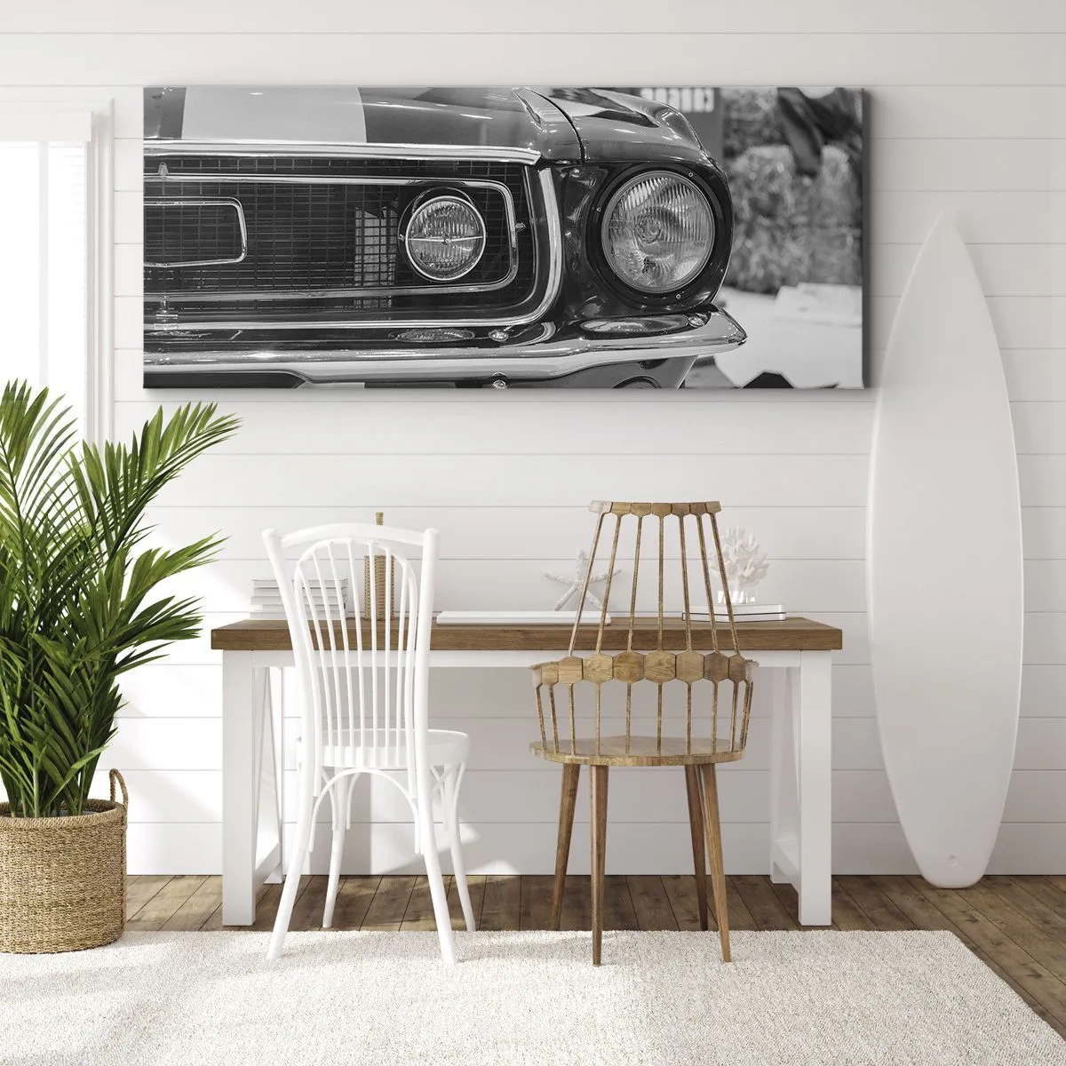 Impression sur toile - Image sur toile - Capot de voiture classique noir et blanc - 140x50cm - Conduire dur - Décoration murale moderne pour le salon et la chambre ARTTOR