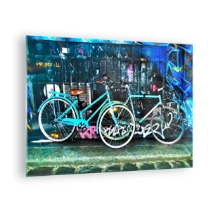 Impression sur verre - Image sur verre - Un vélo de ville sur fond de graffitis et d'ambiance néon - 70x50cm - L'appel de la ville  - Décoration murale moderne pour le salon et la chambre ARTTOR