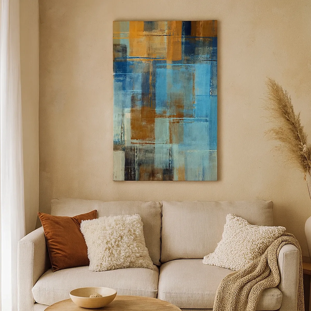 Impression sur toile - Image sur toile - Composition géométrique abstraite dans les tons de bleu et de marron - 50x70cm - A travers le voile bleu - Décoration murale moderne pour le salon et la chambre ARTTOR