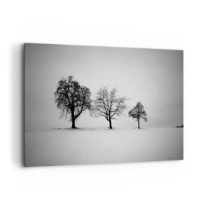 Impression sur toile - Image sur toile - Trois arbres dans un champ enneigé dans un style monochrome - 120x80cm - A quoi rêvent-ils? - Décoration murale moderne pour le salon et la chambre ARTTOR