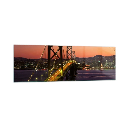 Impression sur verre - Image sur verre - Un pont illuminé la nuit au-dessus de l'eau avec une vue panoramique sur la ville - 160x50cm - Soirée violette - Décoration murale moderne pour le salon et la chambre ARTTOR