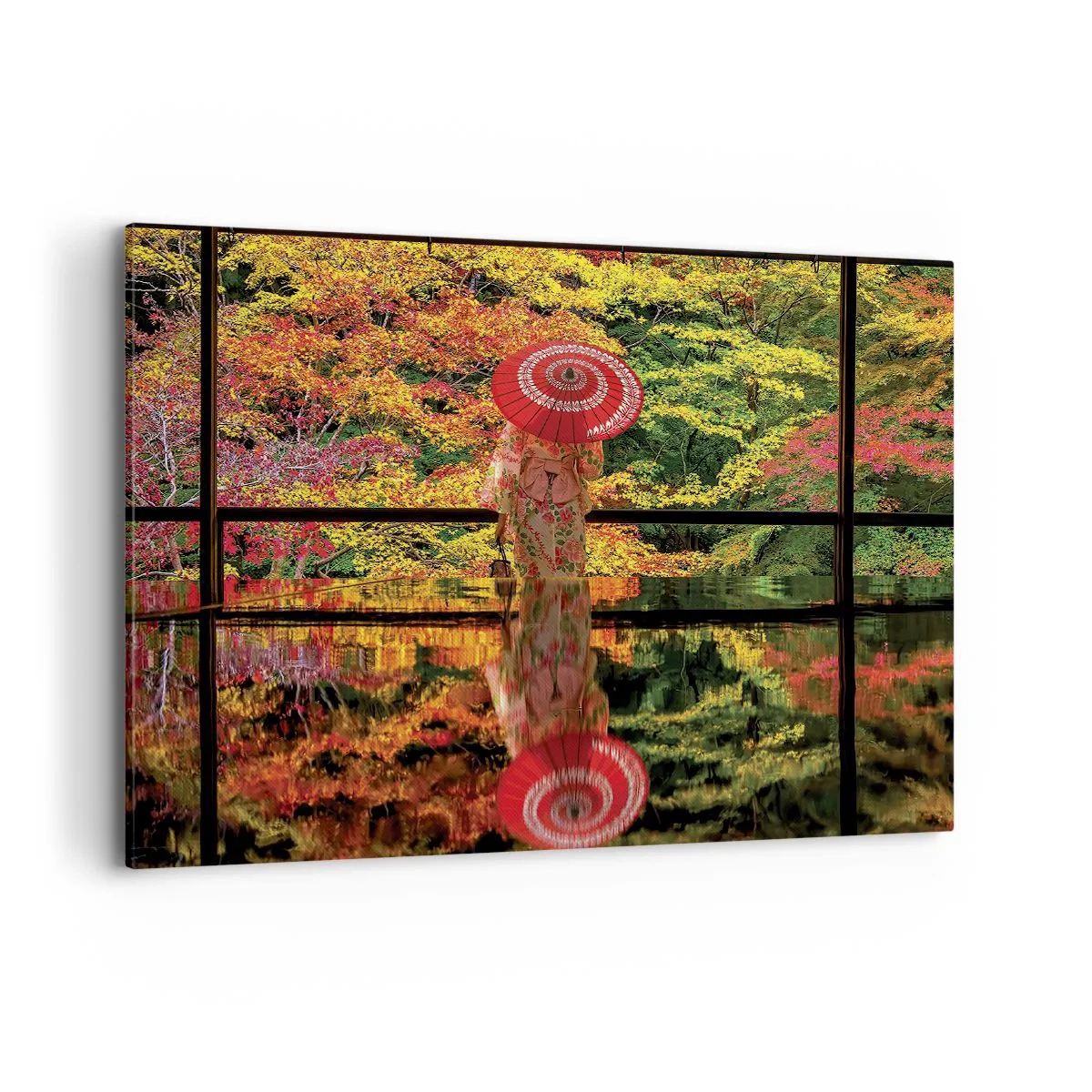 Impression sur toile - Image sur toile - Une femme en kimono avec un parapluie sur fond de paysage d'automne. - 100x70cm - Dans le temple de la nature - Décoration murale moderne pour le salon et la chambre ARTTOR