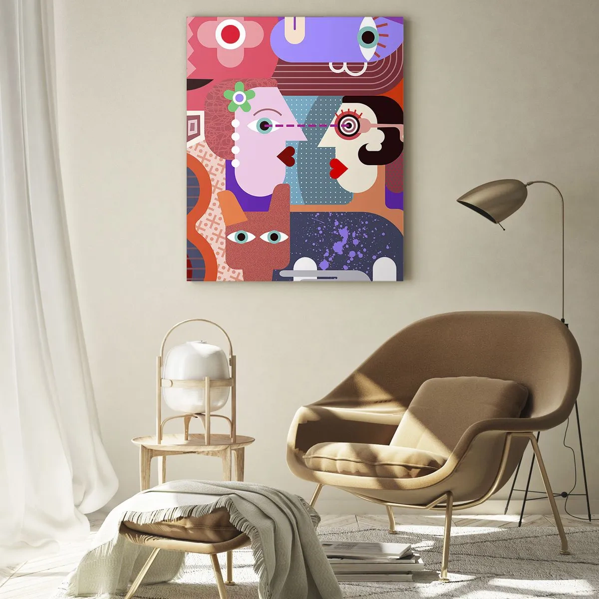 Impression sur verre - Image sur verre - Figures abstraites aux couleurs vives - 80x120cm - Les yeux dans les yeux - Décoration murale moderne pour le salon et la chambre ARTTOR