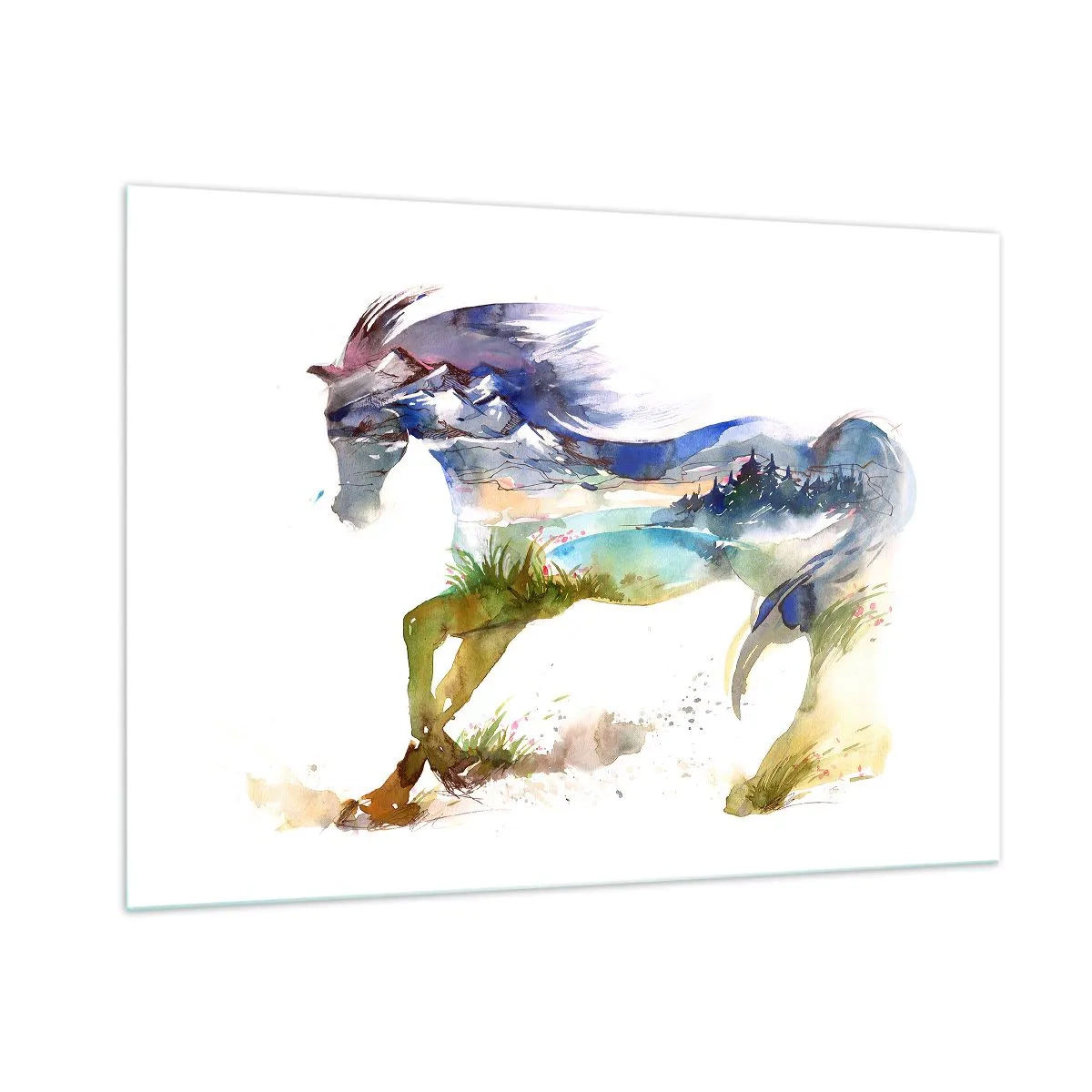 Impression sur verre - Image sur verre - Aquarelle d'un cheval avec un paysage de montagne en silhouette - 100x70cm - De la prairie directement au ciel - Décoration murale moderne pour le salon et la chambre ARTTOR