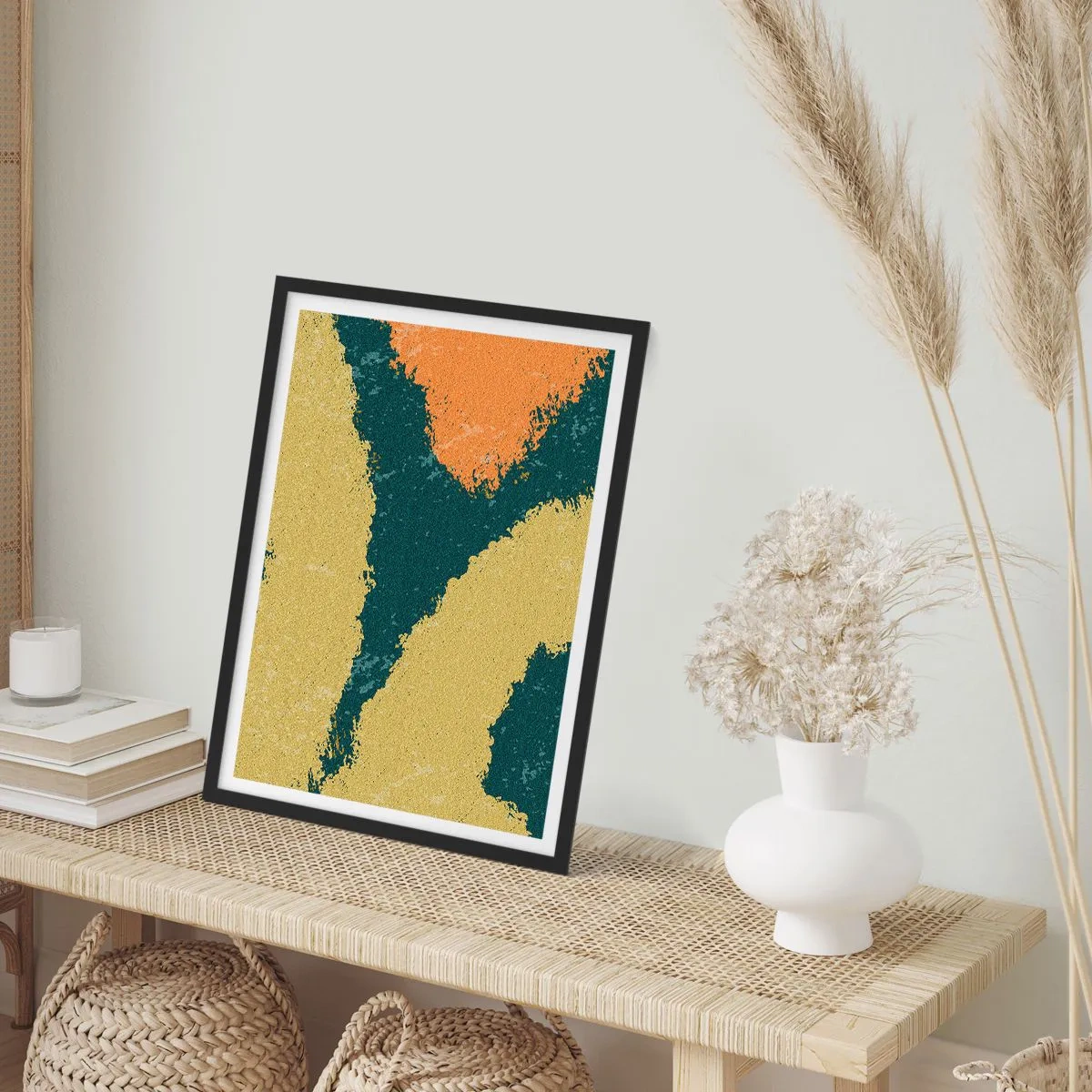 Affiche dans un cadre noir - Poster - Taches de couleurs abstraites dans les tons de vert et d'orange - 50x70cm - Abstraction – mouvement lent - Décoration murale moderne pour le salon et la chambre ARTTOR