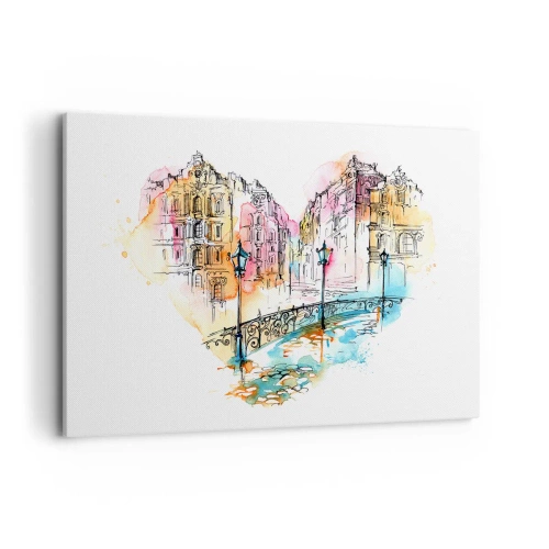 Impression sur toile - Image sur toile - Aquarelle d'un pont et de maisons en forme de cœur - 120x80cm - Le coeur de la ville - Décoration murale moderne pour le salon et la chambre ARTTOR