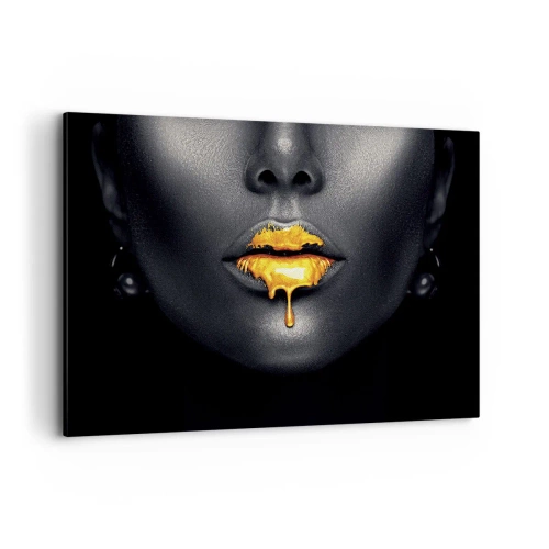 Impression sur toile - Image sur toile - Portrait noir et or d'une femme avec une goutte d'or sur les lèvres - 100x70cm - Bouche d'or - Décoration murale moderne pour le salon et la chambre ARTTOR