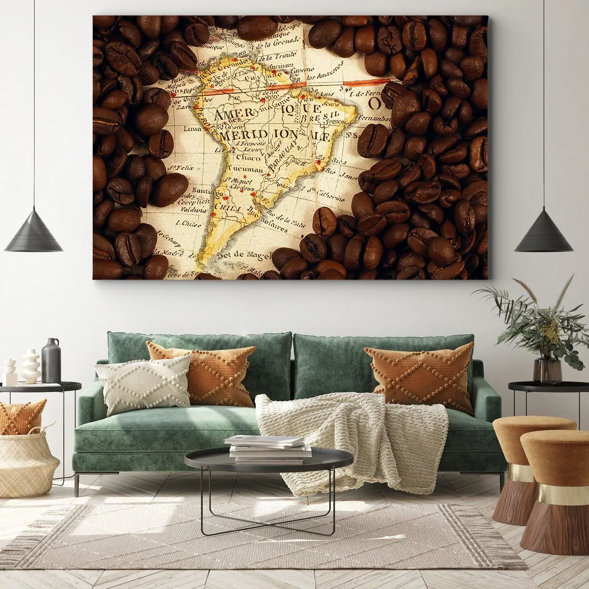 Impression sur toile - Image sur toile - Une carte de l'Amérique du Sud entourée de grains de café. - 100x70cm - D'où vient le meilleur café ? - Décoration murale moderne pour le salon et la chambre ARTTOR