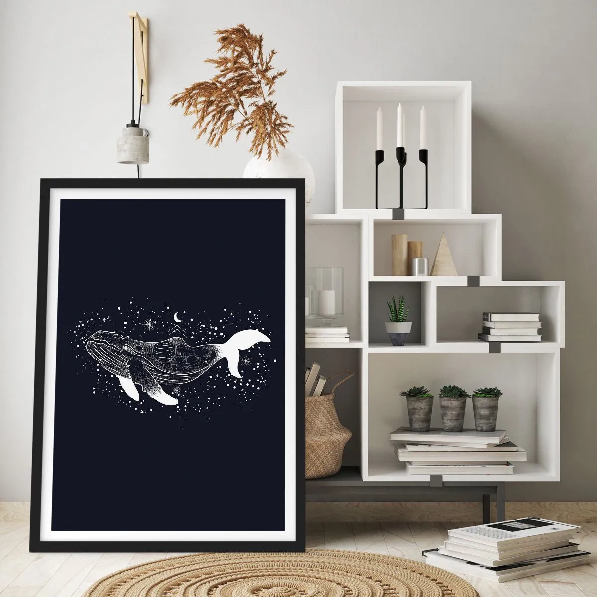 Affiche dans un cadre noir - Poster - Une baleine spatiale dans un style graphique sur fond noir - 50x70cm - Dans l'océan de l'univers - Décoration murale moderne pour le salon et la chambre ARTTOR