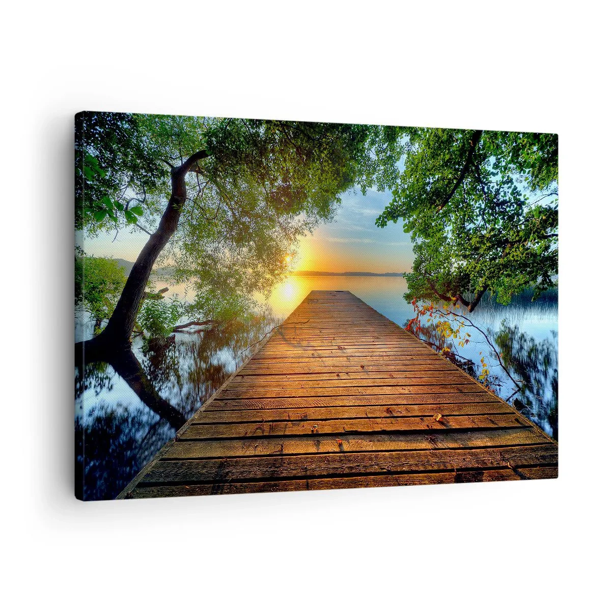 Impression sur toile - Image sur toile - Une jetée en bois entourée de verdure au coucher du soleil - 70x50cm - Prenez votre temps, asseyez-vous - Décoration murale moderne pour le salon et la chambre ARTTOR