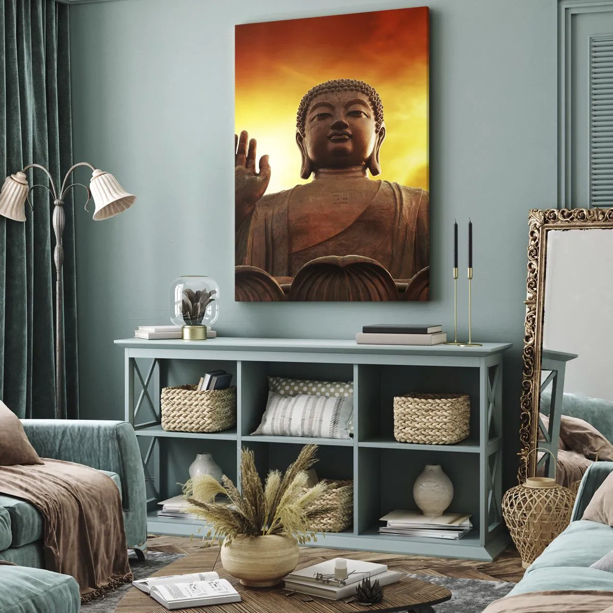 Impression sur toile - Image sur toile - Une statue de Bouddha contre un ciel de coucher de soleil doré - 80x120cm - La paix du monde - Décoration murale moderne pour le salon et la chambre ARTTOR