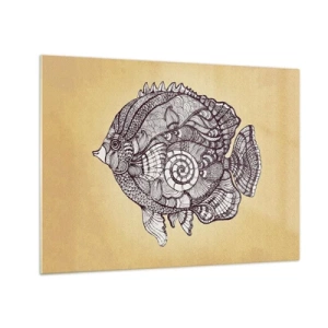 Impression sur verre - Image sur verre - Un poisson de dessin animé avec des ornements sur un fond beige - 70x50cm - D'un océan d'ornements - Décoration murale moderne pour le salon et la chambre ARTTOR