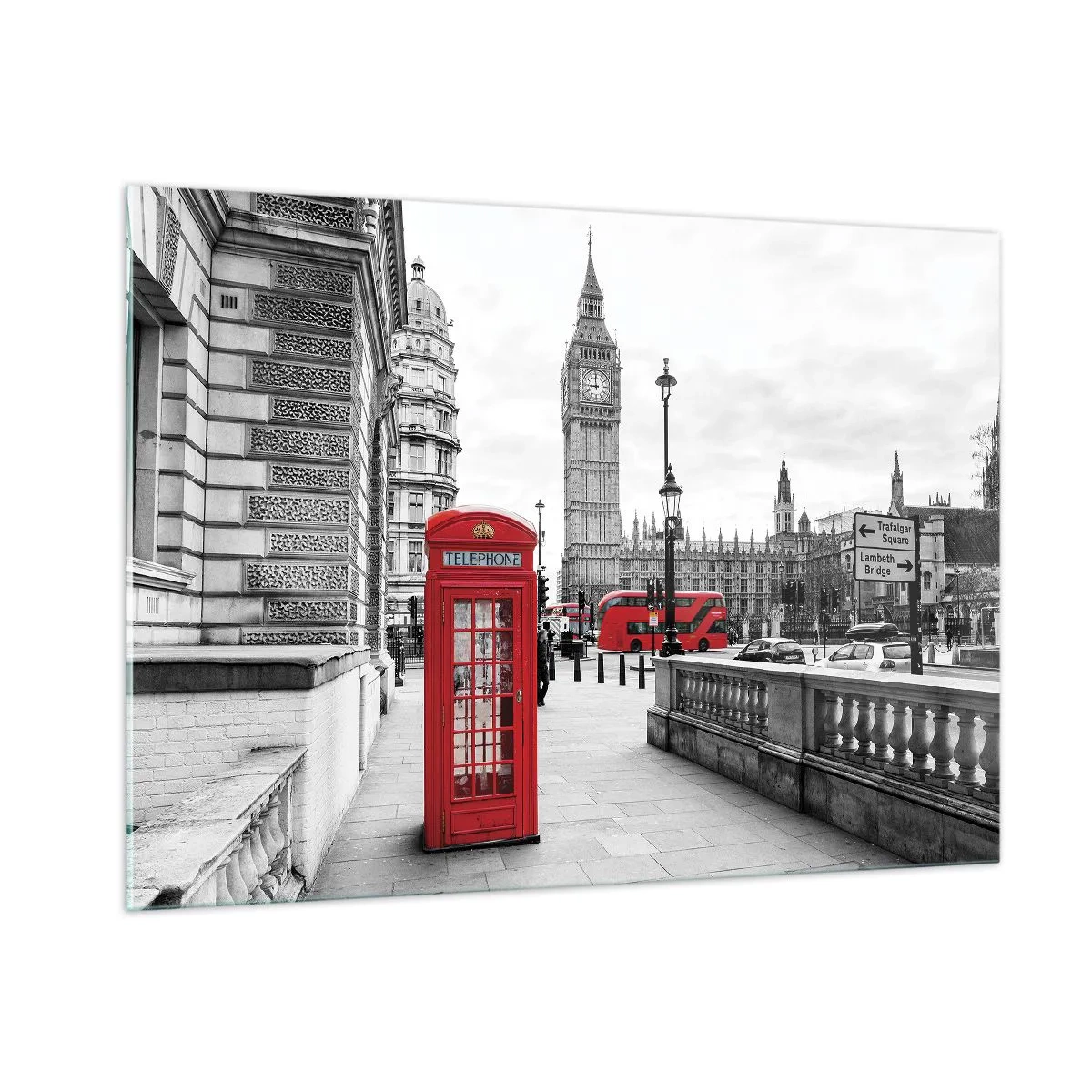 Impression sur verre - Image sur verre - Londres en noir et blanc avec une cabine téléphonique rouge et un bus - 100x70cm - Sans aucun doute Londres - Décoration murale moderne pour le salon et la chambre ARTTOR