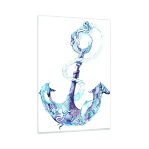 Impression sur verre - Image sur verre - Ancre abstraite dans des tons de bleu avec des détails nautiques - 80x120cm - Le confident des secrets de la mer - Décoration murale moderne pour le salon et la chambre ARTTOR