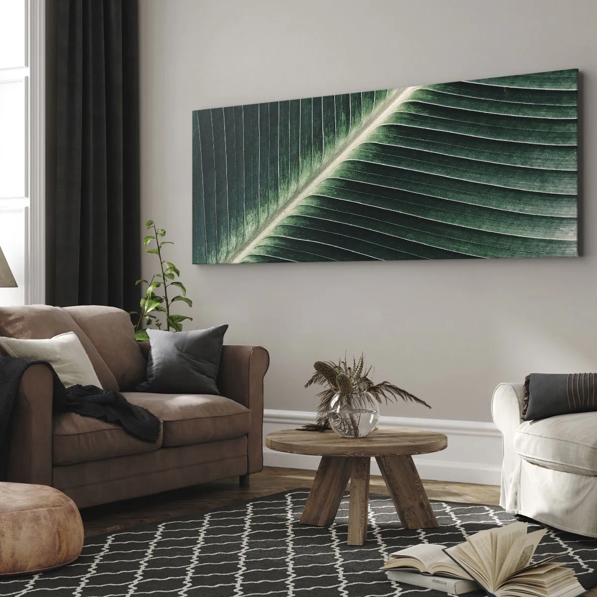 Impression sur toile - Image sur toile - Gros plan de la structure d'une feuille verte - 120x50cm - Le rythme de la nature - Décoration murale moderne pour le salon et la chambre ARTTOR