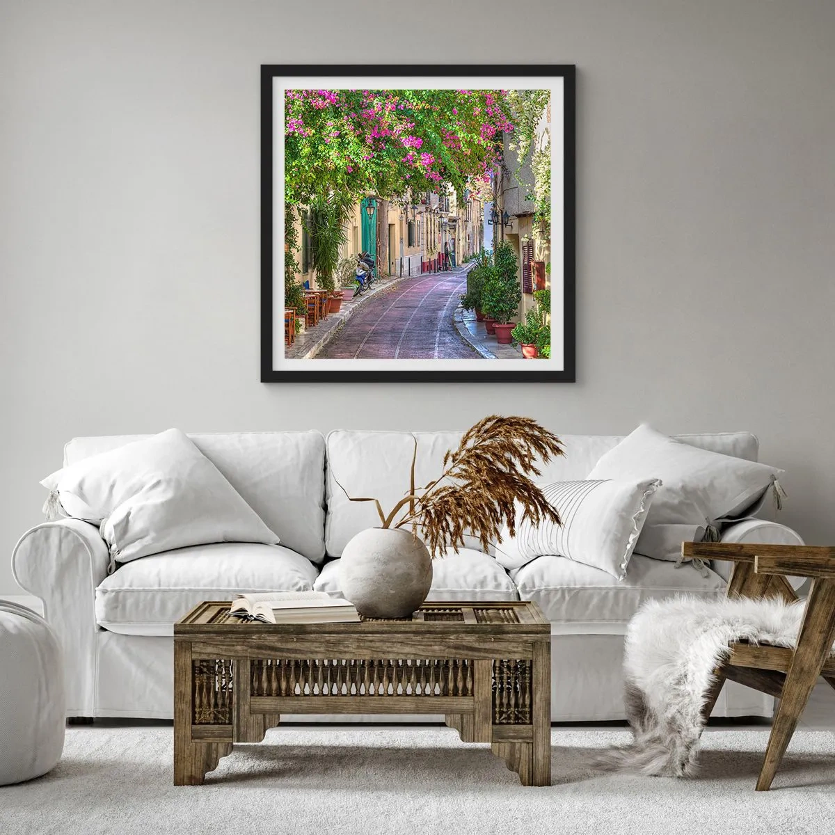 Affiche dans un cadre noir - Poster - Allée fleurie - 60x60 cm