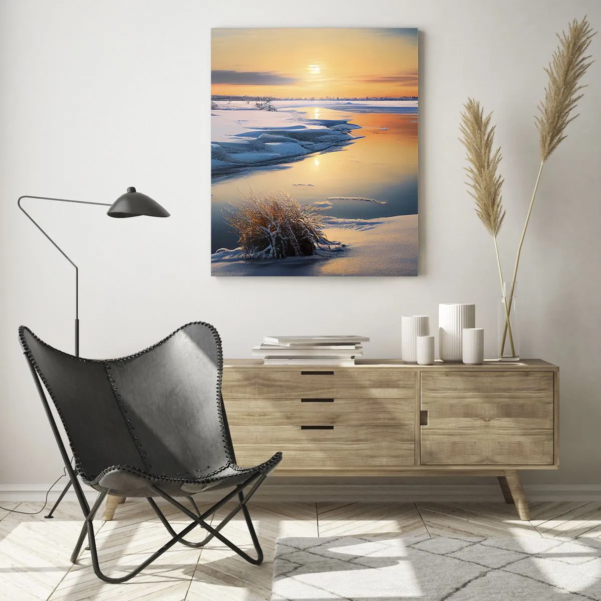 Impression sur verre - Image sur verre - Paysage d'hiver avec coucher de soleil sur une rivière gelée - 50x70cm - Coucher de soleil d'hiver - Décoration murale moderne pour le salon et la chambre ARTTOR