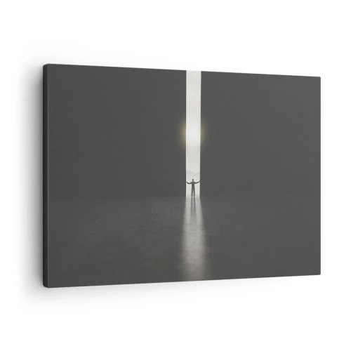 Impression sur toile - Image sur toile - Un homme debout dans la lumière d'une fente étroite dans un espace sombre - 70x50cm - Étape vers un avenir radieux - Décoration murale moderne pour le salon et la chambre ARTTOR
