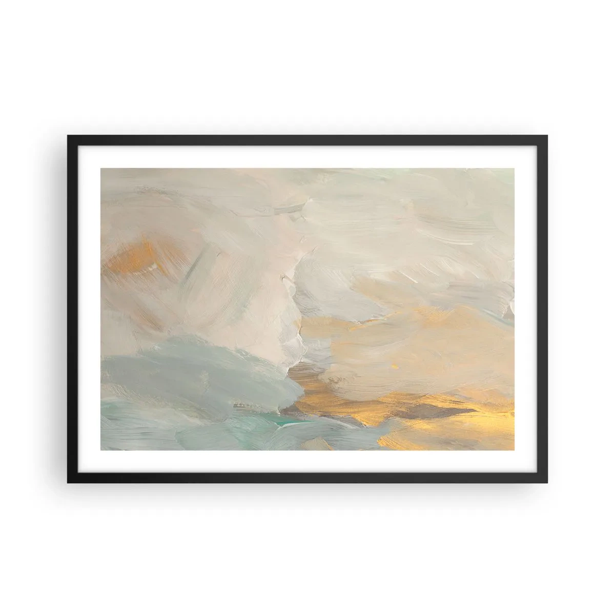 Affiche dans un cadre noir - Poster - Traits abstraits délicats dans des tons de blanc et d'or - 70x50cm - Abstraction – le pays de la douceur - Décoration murale moderne pour le salon et la chambre ARTTOR