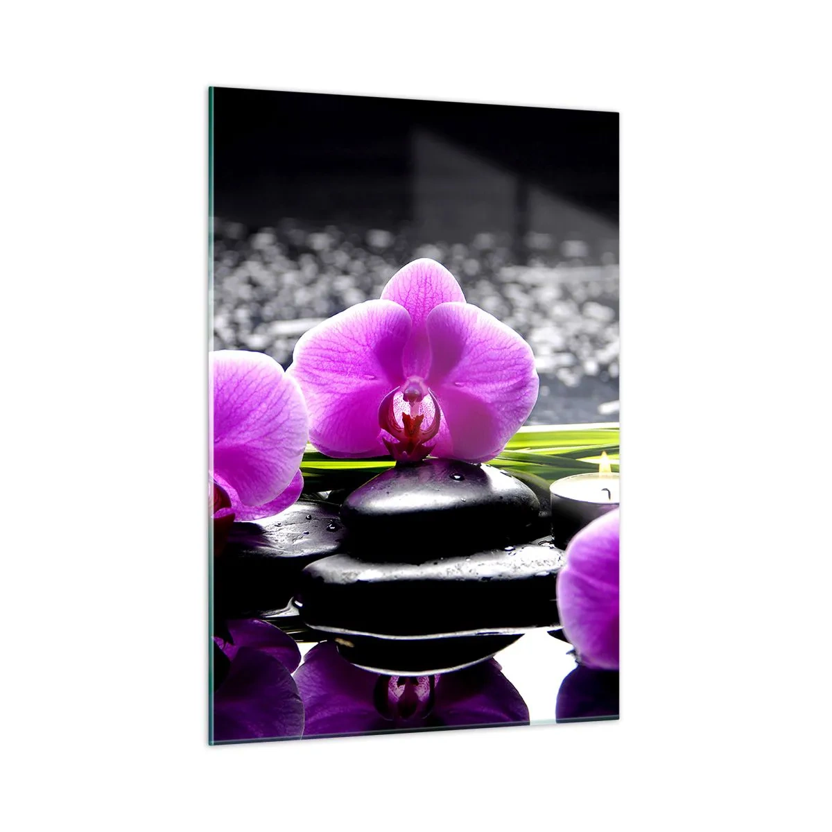 Impression sur verre - Image sur verre - Orchidées violettes avec des pierres et des bougies sur un fond d'eau - 50x70cm - Se noyer dans la paix et la tranquillité - Décoration murale moderne pour le salon et la chambre ARTTOR