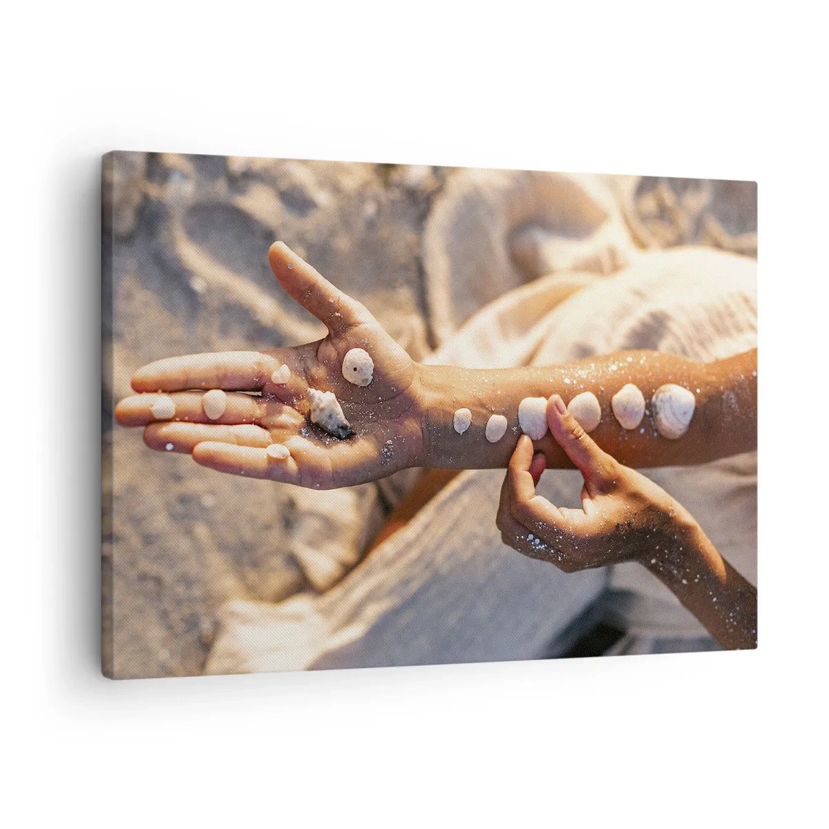 Impression sur toile - Image sur toile - Mains avec des coquillages disposés sur le fond de sable - 70x50cm - La beauté à portée de main - Décoration murale moderne pour le salon et la chambre ARTTOR