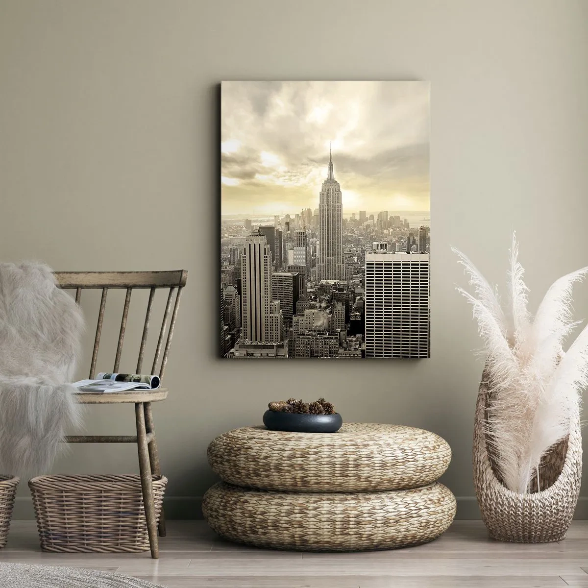 Impression sur toile - Image sur toile - Panorama de la ville avec vue sur l'Empire State Building - 50x70cm - New York tissé de gris - Décoration murale moderne pour le salon et la chambre ARTTOR