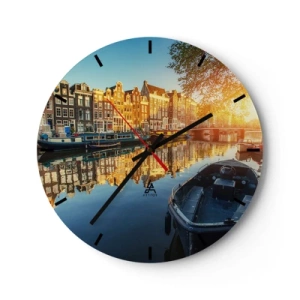 Horloge murale - Pendule murale - Canal de la ville au coucher du soleil - 30x30cm - Début de journée à Amsterdam - Décoration murale moderne pour le salon, la cuisine et la chambre ARTTOR