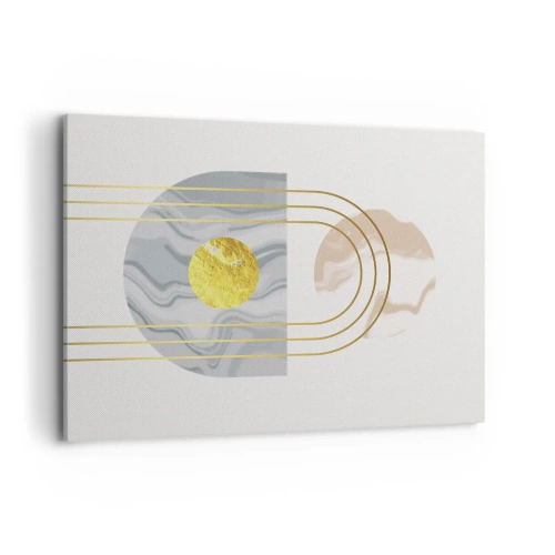 Impression sur toile - Image sur toile - Composition abstraite avec des cercles et des lignes dorées sur fond clair. - 100x70cm - Clareté et brillance - Décoration murale moderne pour le salon et la chambre ARTTOR
