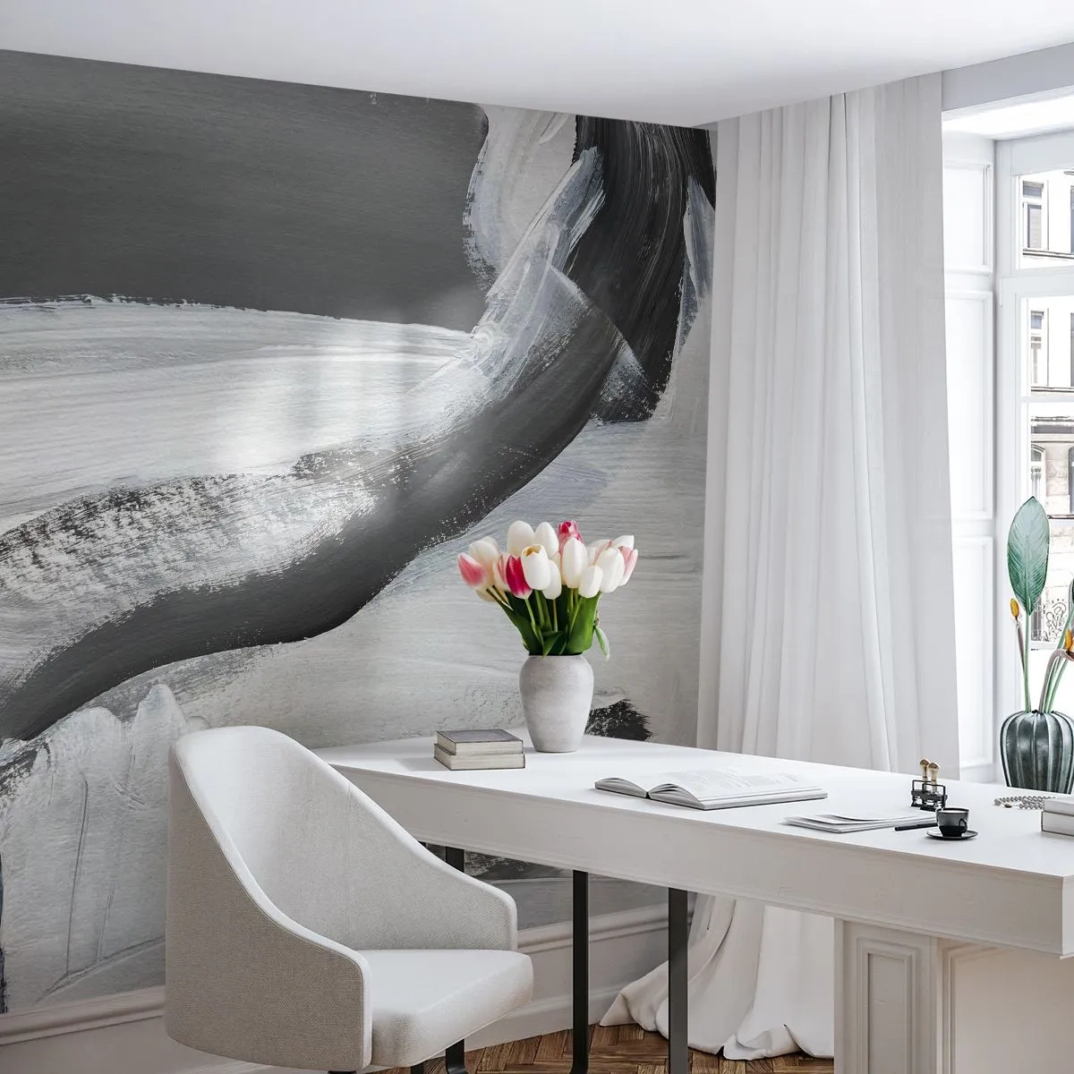 Papier Peint Photo Premium Canvas - Abstraction grise et blanche avec des lignes dynamiques - 100x70cm - Un geste décisif - Décoration murale moderne pour le salon et la chambre ARTTOR