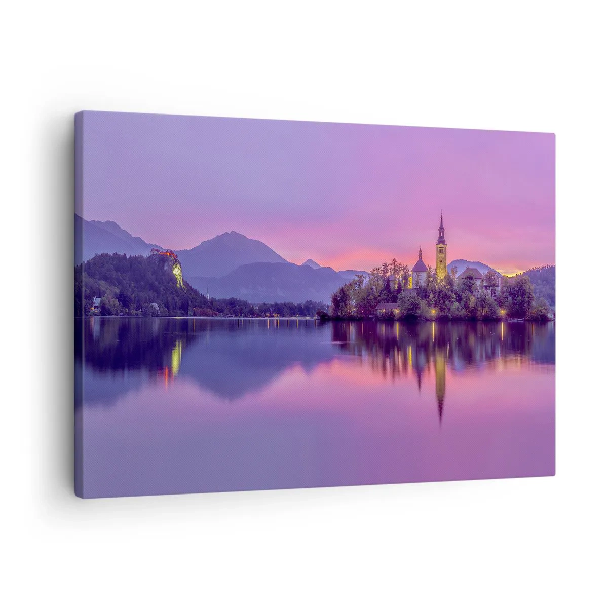 Impression sur toile - Image sur toile - Lac avec une île et une église au coucher du soleil - 70x50cm - Une île de conte de fées au crépuscule - Décoration murale moderne pour le salon et la chambre ARTTOR
