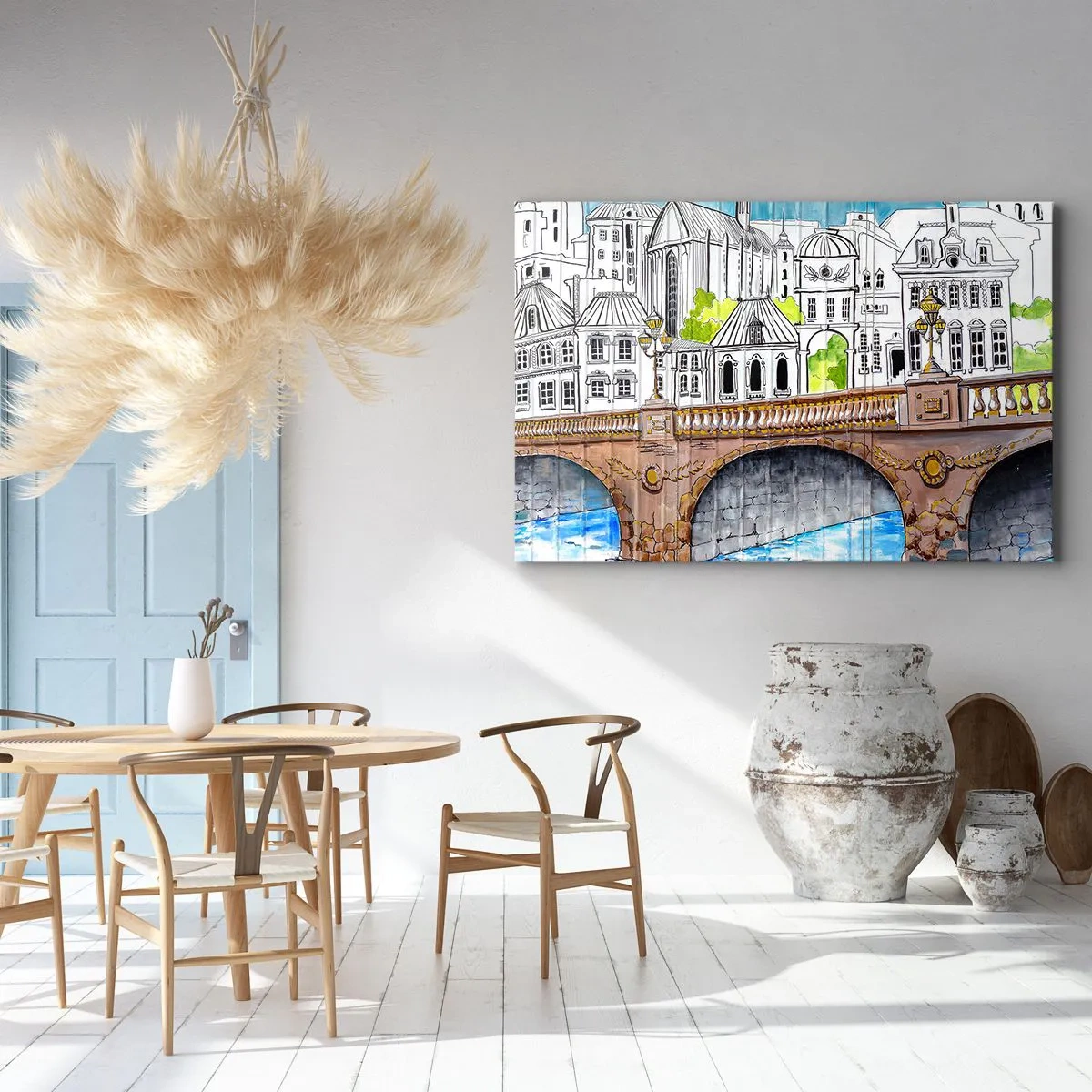 Impression sur toile - Image sur toile - Dessin du pont et de l'architecture urbaine historique - 70x50cm - Une ville comme peinte - Décoration murale moderne pour le salon et la chambre ARTTOR